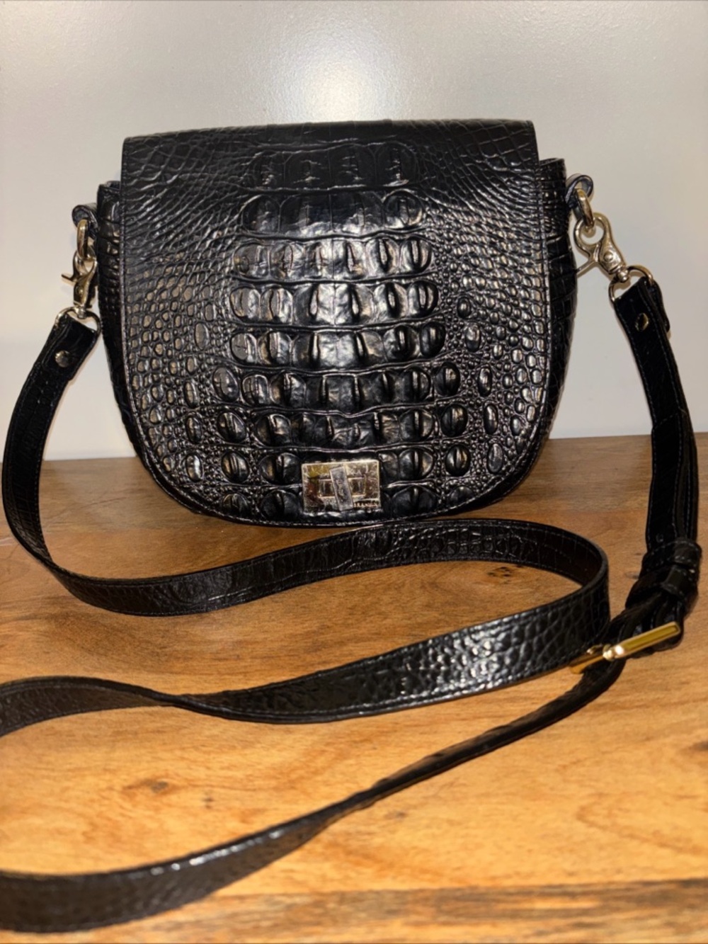 Brahmin Sonny Black Croc-Embossed Saddle Crossbody Bag